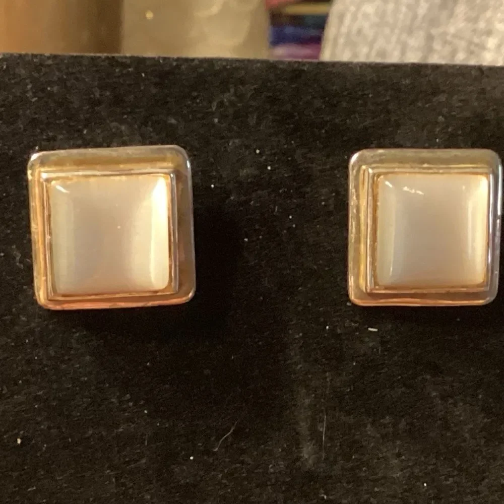 White Mother of Pearl Goldtone Bezel Set Square Earrings